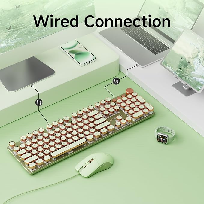 EWEADN Wired Typewriterkeyboard and Mouse Combo, Typewriter Style Mechanical Gaming Keyboard,104 Keys Backlit LED Keyboards, Media Control Knob, Wired Keyboard Pink Switch for Windows/Mac/PC-Green