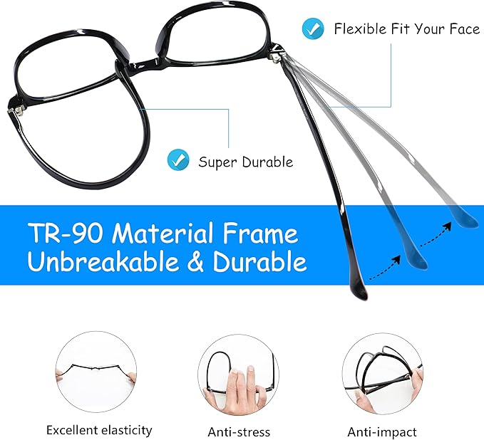 Blue Light Blocking Glasses for TV Phone Computer Gaming Screen Men and Women, TR90 Frame, Anti Eyestrain UV, 2 Pack