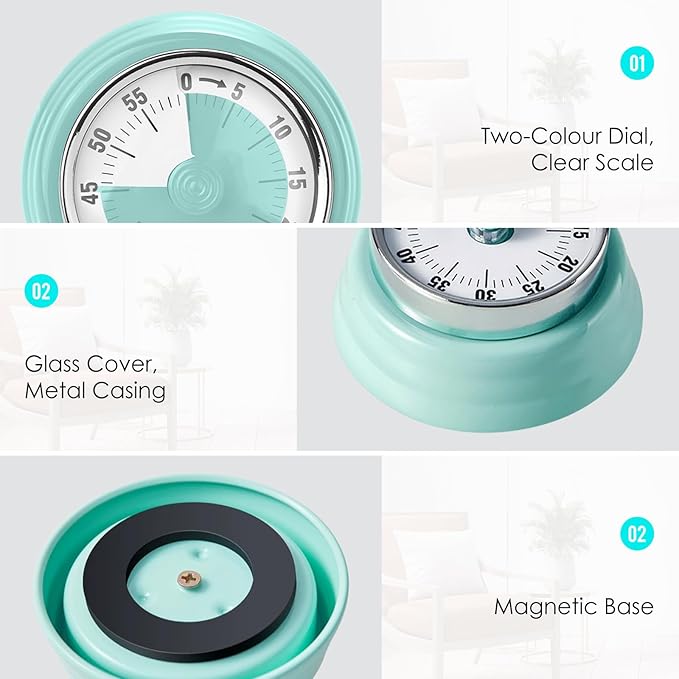 Visual Timer, Teeloray 60-Minute Countdown Timer, Kitchen Timer with Magnetic Base, Mechanical Clockwork, Ringer Alert, Time Management Tool for Children and Adults, Study/Work/Cooking (Mint Green)