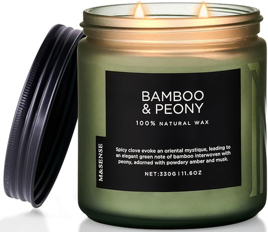 M&SENSE Bamboo Peony Scented Candle, 11.6oz Aromatherapy Jar Candle, 70 Hour Burn Time, Natural Soy Wax Blend, Stress Relief, Home Fragrance