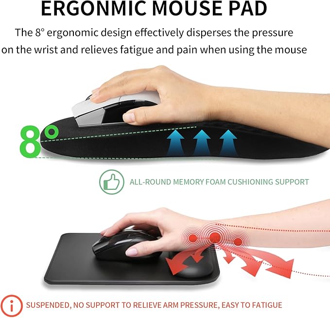 Ergonomic Mouse Pad Wrist Support and Keyboard Wrist Rest, Computer Carpal Tunnel Mouse Pads for Desk with Coaster Set, Memory Foam Mousepad with Non-Slip PU Base for Home Office (Black)
