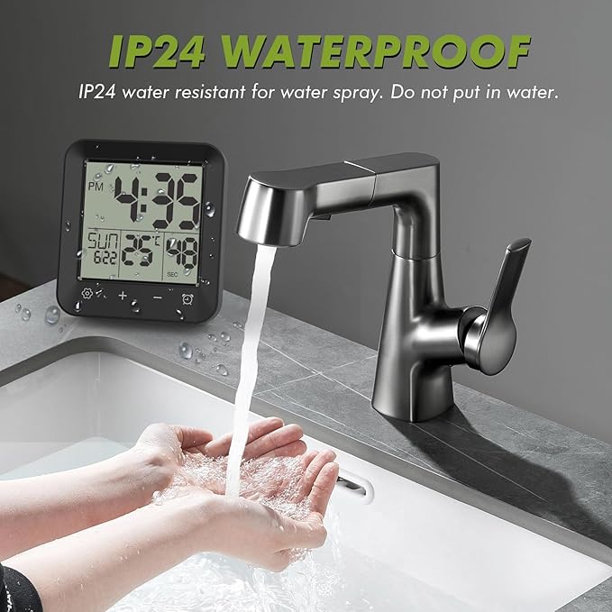 Shower Clock Waterproof Bathroom Timer, Digital Wall Clock with Countdown, Touch Screen, Temperature, LCD Display, Suction Cup Hanging Hole Stand for Kids and Adults