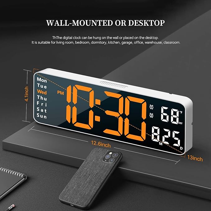 Digital Clock, Digital Wall Clock for Living Room Decor, Desk Alarm Clock for Bedroom, Large Wall Clock with Remote Control, Automatic Brightness Dimmer LED Clock with Date Temperature Week (Orange-W)