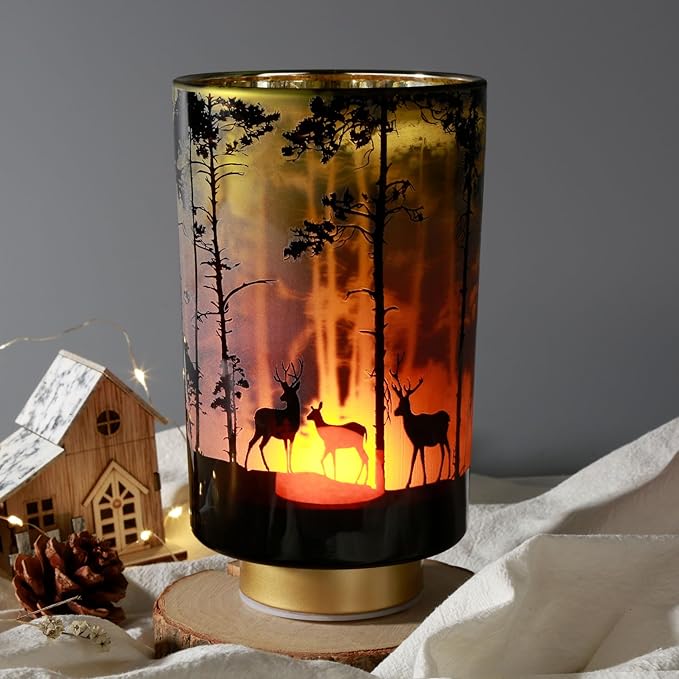 Eywamage Large Battery Operated Table Lamp with Remote, Forest Deer Accent Lamp, Cordless Glass Lamp for Bedroom Living Room