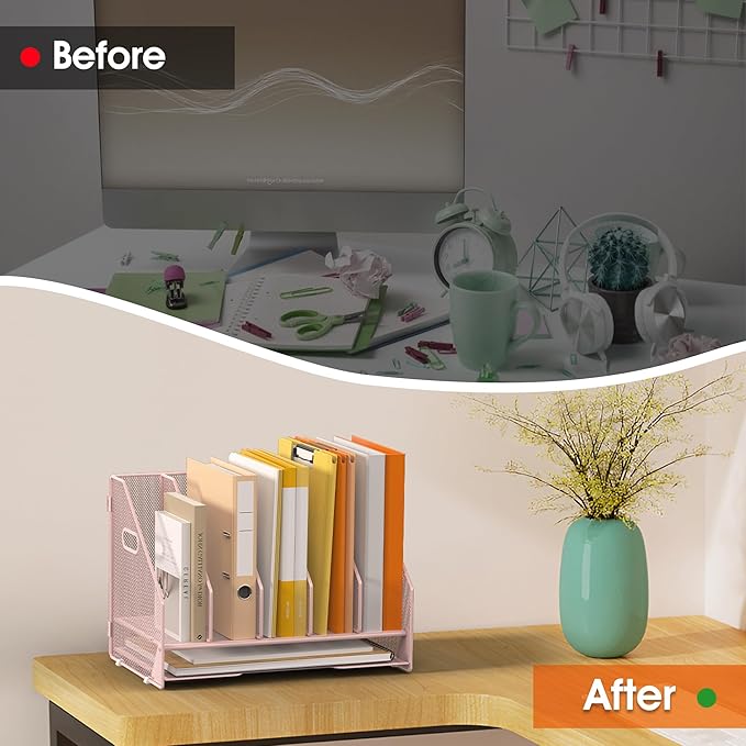 Desk File Folder Holder Organizer-5 Vertical Compartments Racks and Paper Letter Tray,Mesh Magazine File Holder Sorter,Desktop Accessories & Workspace Organizers for Home,Office,School-Pink