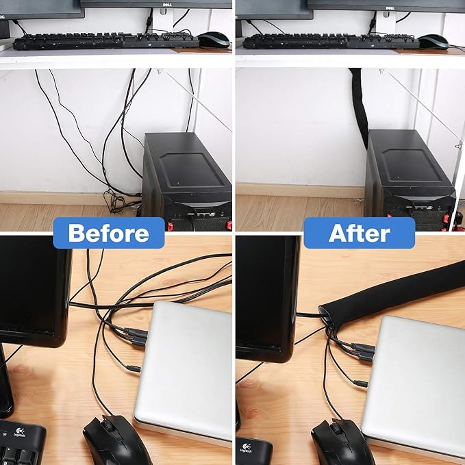 JOTO 2 Pack Cable Management Sleeve, 130" Cord Organizer System with Hook&Loop for TV Computer Office Home Entertainment, Flexible Cable Sleeve Wrap Cover Wire Hider System -Black, 2 Large