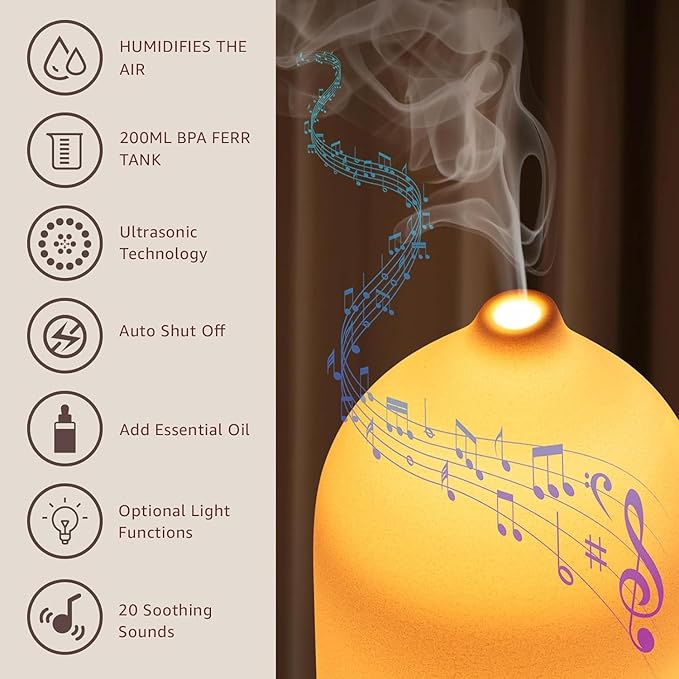 200ML White Noise Ceramic Diffuser,Sleep Sound Machine with 20 Natural Soothing Sounds, 7 Color Lights,Essential Oil Diffuser, Timer for Baby, Kids, Adults, Office, Home(White Grain) Upgrade