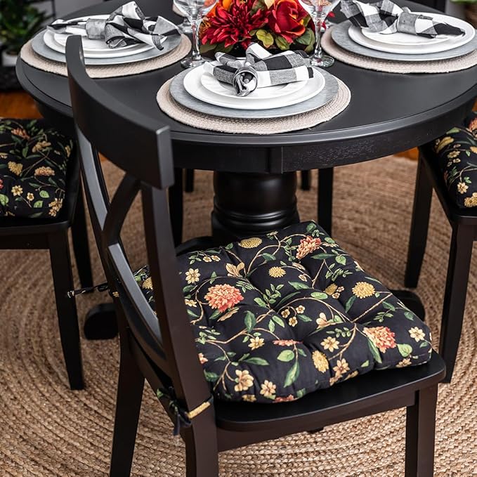 Barnett Home Decor Dining Chair Pad with Ties - Nassau Vine Onyx Black Floral - Reversible, Latex Foam Filled Cushion - Tufted Seat Cushion - Colonial Williamsburg Reproduction Print (Black, Small)