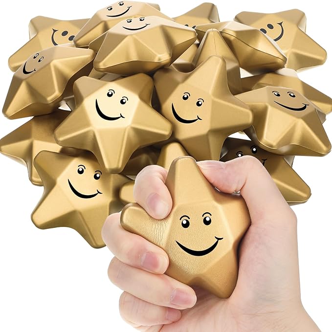 Deekin 36 Pieces Star Stress Balls Mini Foam Ball Stress Relief Toys for Teens and Adults Student Bag Fillers, Gold(Smile,3.1 Inch)