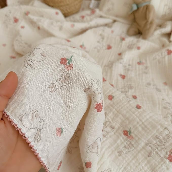 BuLuTu Baby Blankets for Girls Soft Lightweight Muslin Cotton Toddler Blanket Baby Quilts 2 Layer Gauze Cotton Nursery Blankets Crib Quilt,Bunny Pattern,47"x51"
