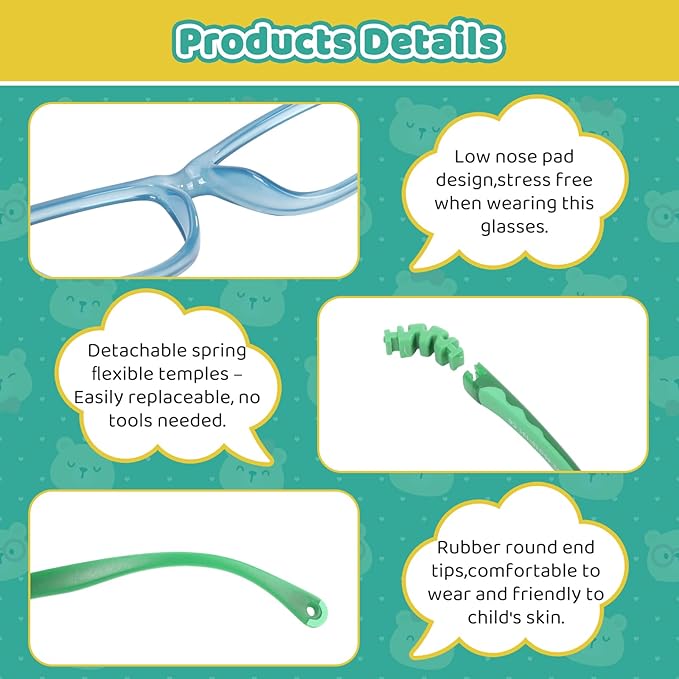 BiBiBear Toddler/Kids/Teens Glasses - Unbreakable TR90 Frame, 180° Flexible, Lightweight & Safe Glasses for Kids Age 2-15