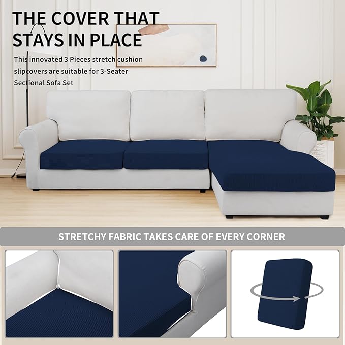 Easy-Going Stretch 3 Pieces Couch Cushion Covers for Sectional Sofa Left/Right L Shape Chaise Lounge Sofa Seat slipcover Anti-Slip Sofa Cover Soft (2 Seater + 1 Chaise, Navy)
