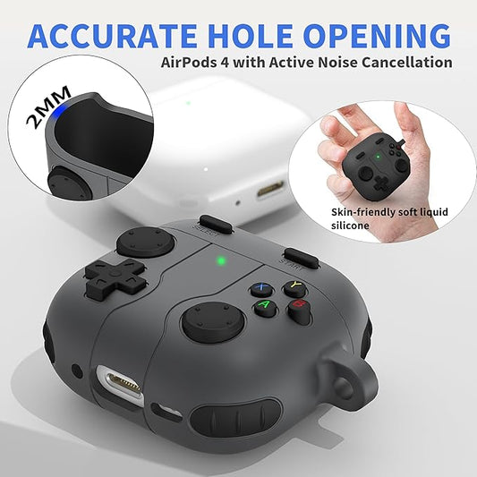 DamonLight Game Case for AirPods 4 Cover Shock-Proof Protective Silicone Case with Cleaning Pen and Keychain Accessories for Apple Airpods 4th Generation (Black)