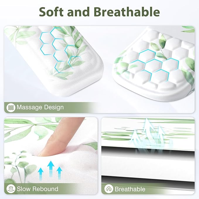 3 in 1 Ergonomic Mouse Pad and Keyboard Wrist Rest, Cute Mouse Pad with Wrist Support Massage Design, Non-Slip Wrist Pad for Mouse, Desk Mouse Set (Green Plant)