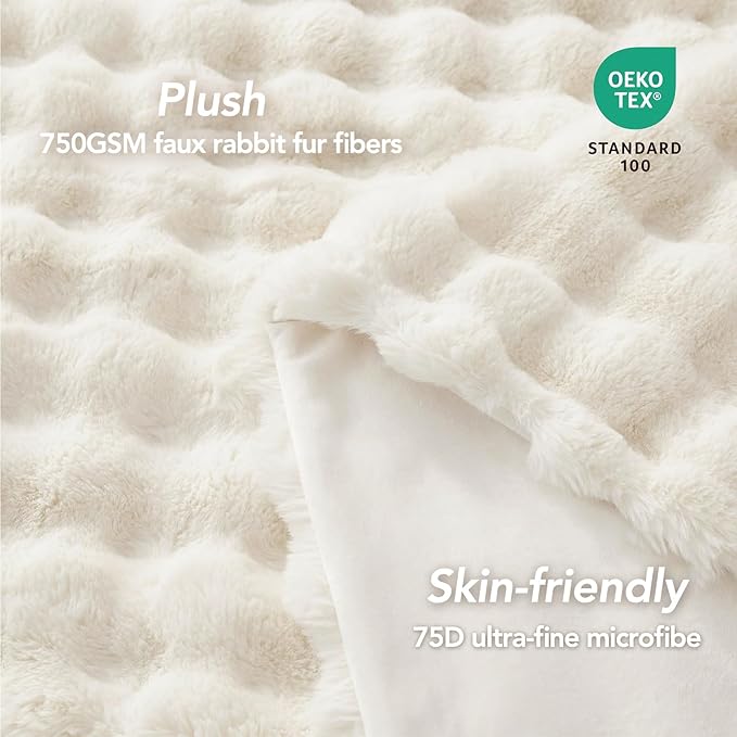 L'AGRATY Faux Fur Throw Blanket: 90" x 90" Luxury Soft Fluffy Thick Rabbit Fur Blankets for Queen Bed Couch - Cozy Plush Bubble Blankets for Winter: Warm Flannel Fleece Decorative Blanket(Cream White)