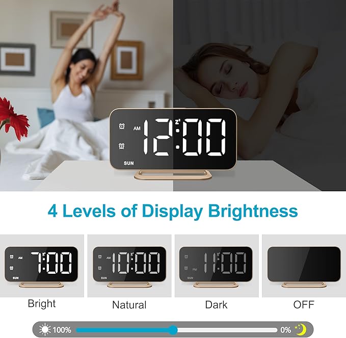 Slim LED Digital Alarm Clock, Mirror Surface for Makeup, with Diming, Large Display, Easy Setting, USB Ports, Modern Decor for Bedroom, Desk, Xmas, Birthday Gift for Women, Sister, Teen Girl, Gold