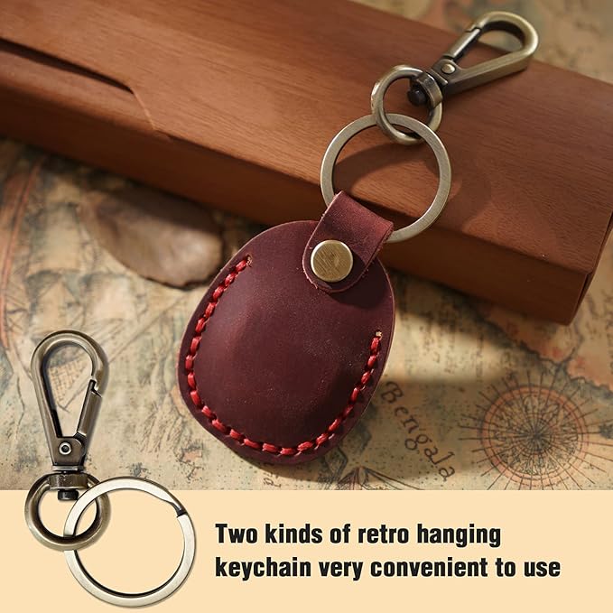Genuine Leather Airtag Holder, Portable Air Tag Keychain with Key Rings Full Coverage Air Tags Hidden Case Cover Compatible for AirTags Red