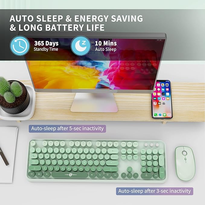 Wireless Keyboard Mouse Combo,104 Round Keys Cute Colorful Keyboard Retro Typewriter Style,Letton Full Size Keyboard with Number Pad&Mouse with 3 DPI for PC Mac Laptop Computer Windows-Green