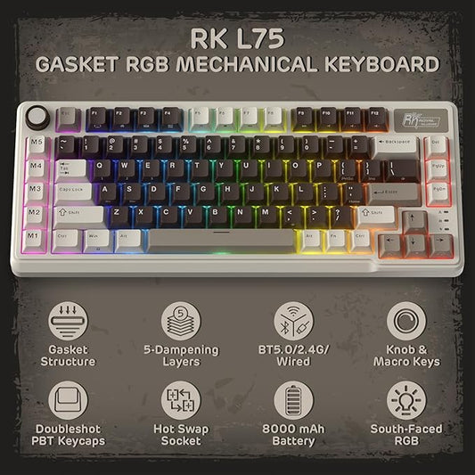 RK ROYAL KLUDGE L75 Gasket Mount Mechanical Keyboard w/Knob/Macro Keys & Touchable Nameplate, Tri-Mode 75% TKL Wireless Keyboard BT/2.4G/USB-C, Hot Swappable, Pro Software, Massive 8000mAh Battery