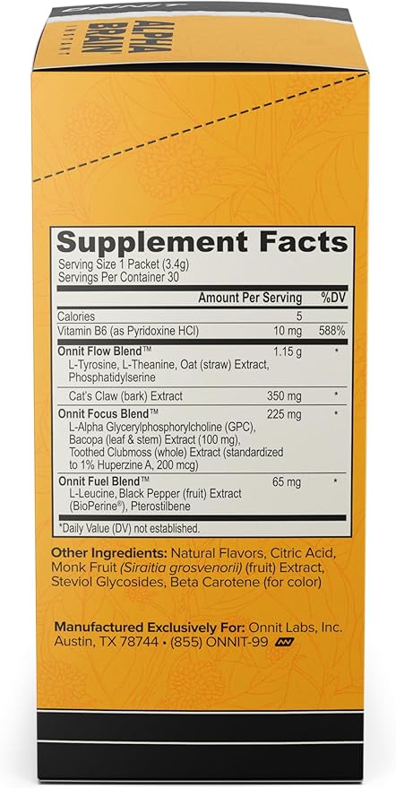 ONNIT Alpha Brain Instant - Pineapple Punch Flavor - Nootropic Brain Booster Memory Supplement - Brain Support for Focus, Energy & Clarity - Alpha GPC Choline, Cats Claw, L-Theanine, Bacopa - 30ct
