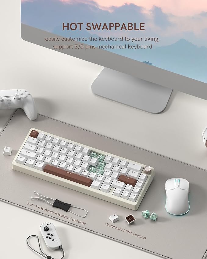 Womier SK65 Wireless Mechanical Gaming Keyboard with Knob, 60 Percent Creamy Aluminium Keyboard for PC, Bluetooth 5.0/2.4GHz/USB-C Wired, Hot Swappable Custom Lineaner Switch, RGB Backlit, Beige