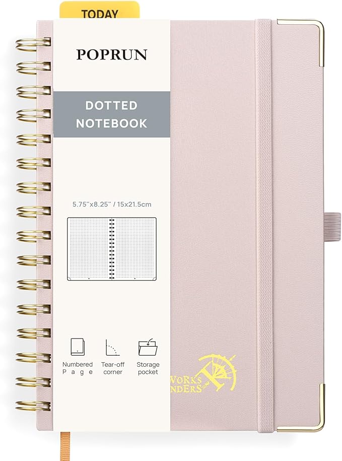 POPRUN Spiral Dotted Journal Notebook, [A5-5.75'' x 8.25''] - 120 GSM Thick Paper, 141 Numbered Pages, Hardcover for Men & Women with Pocket, Index Tabs, 8 Perforated Sheets, Light Pink