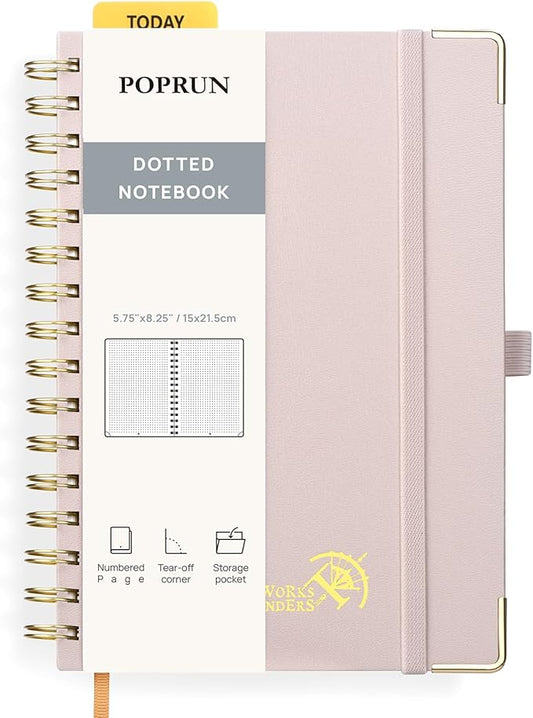 POPRUN Spiral Dotted Journal Notebook, [A5-5.75'' x 8.25''] - 120 GSM Thick Paper, 141 Numbered Pages, Hardcover for Men & Women with Pocket, Index Tabs, 8 Perforated Sheets, Light Pink