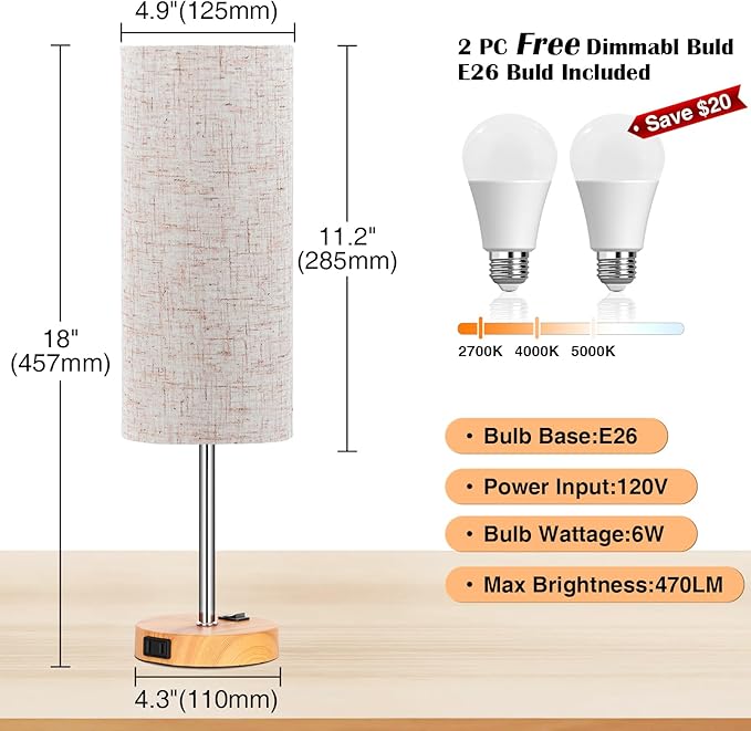 ZJOJO Table Lamp for Bedroom 2 Pack,18in Bedside Lamps with 3 Way Dimmable Rocker Switch & AC Outlet,Nightstand Desk Lamp with Flaxen Fabric Shade Woodgrain Base for Living Room Home Decor Lights