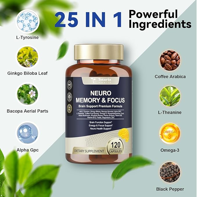 C-affeine Pills Brain Supplements for Memory and Focus L-Tyrosine, Alpha GPC, Ginkgo Biloba, Bacopa Monnieri, Brain Nootropic Cognitive Support - Non-GMO, Gluten Free (120 Counts)