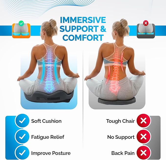 Orthopedic Gel Memory Foam Seat Cushion – Ergonomic Design for Tailbone & Sciatica Pain Relief, Coccyx, and Pressure Relief for Office Chair, Car, and Wheelchair (Black/Deep Gray, X Large)