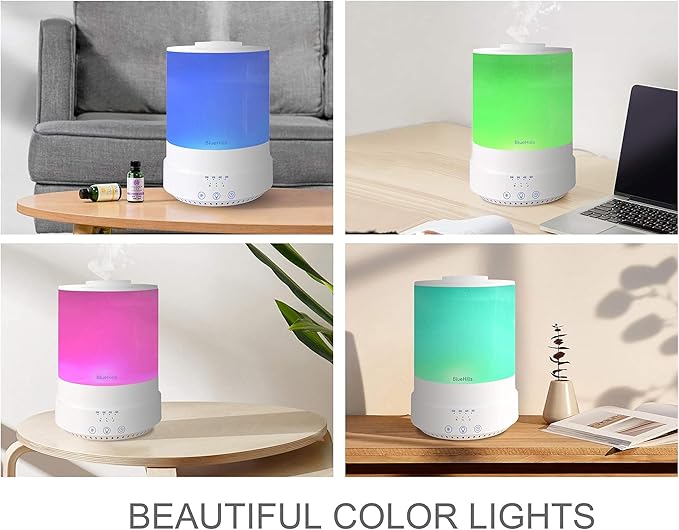 BlueHills 2500 ML XL Essential Oil Diffuser Aroma Humidifier with Timer for Large Home Decor Baby Rooms Plants Big Huge 2.5 L Extra Large Capacity High Mist Long Run with Lights White - F001