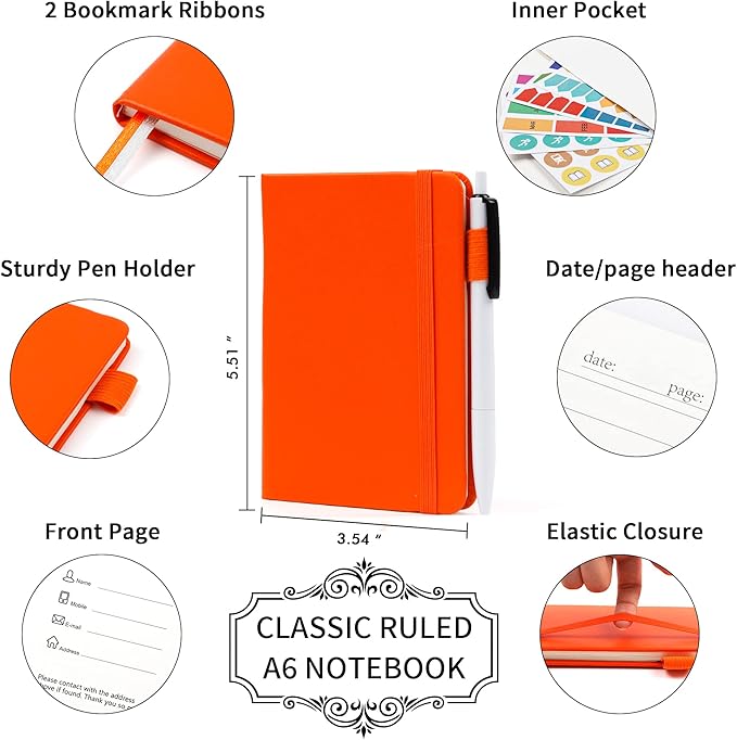 feela 3 Pack Pocket Notebook Journals with 3 Black Pens, A6 Mini Cute Small Journal Notebook Bulk Hardcover College Ruled Notepad with Pen Holder for Office School Supplies, 3.5”x 5.5”, Orange