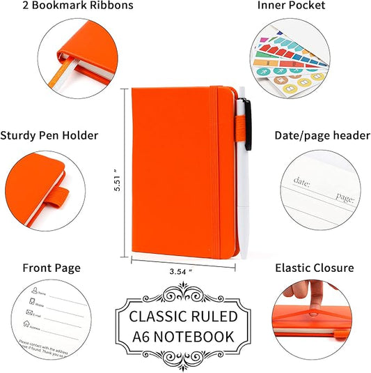 feela 15 Pack Pocket Small Notebooks Bulk, Mini Cute Notepads Hardcover College Ruled Lined Journals with Pen Holder for School Business Memos, with 15 Black Pens, 3.5”x 5.5”, A6, Orange