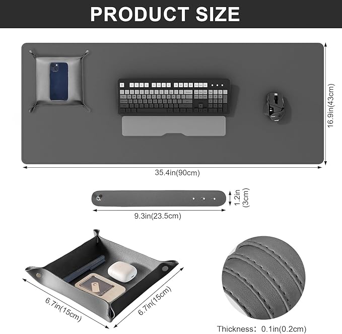 DAWNTREES Dual Sided Desk Mat,Leather Desk Pad,35.5"x17",Cork Desk Mat Protector,with PU Leather Valet Tray Organizer,Large Mouse Pad,Desk Writing Pad for Office and Home(Dark Gray)