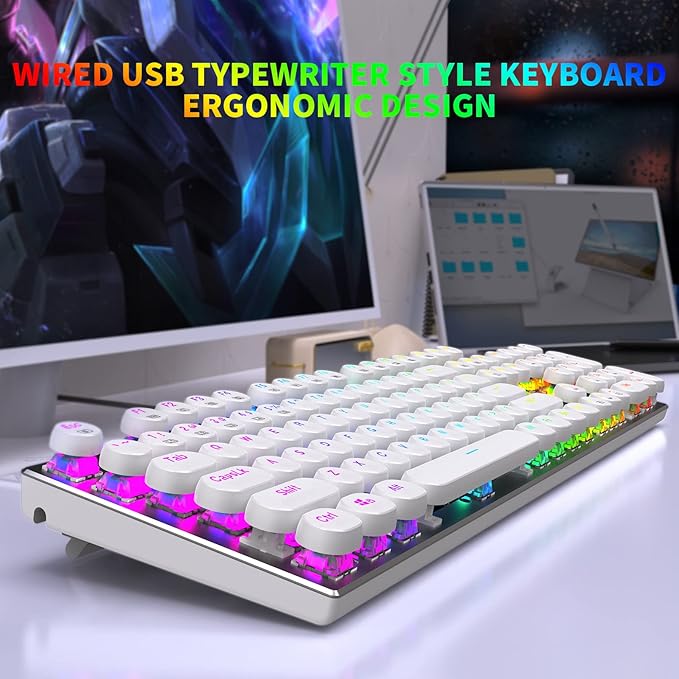 HUO JI E-Yooso Z-88 Wired Typewriter Style Mechanical Gaming Keyboard, Programmable RGB Backlit, Blue Switches - Clicky, USB-C Cable, Metal Panel, 104 Double-Shot Keycaps for PC, White