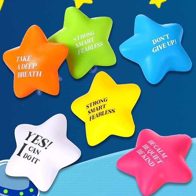 Chalyna 30 Pieces Motivational Star Stress Ball Quote Relief , 2.2 Inch PU Foam Stress Toys Bulk Sensory Star Toy Gifts for Kids Teens Adults Relieve Anxiety Party Supplies(Bright Colors)