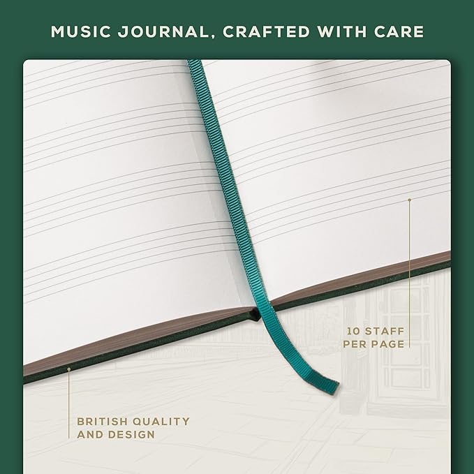 BEECHMORE BOOKS Blank Sheet Music Notebook – A4 8.5x11.5 for Songwriters, Musicians & Composers, 156 Thick 120gsm Pages, 10-Staff Perforated Sheets, Vegan Leather Hardcover, Elastic Closure, Gift Box