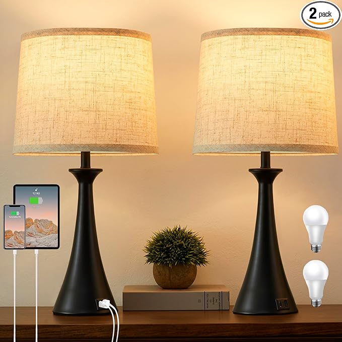 Touch Table Lamp for Living Room Bedroom, 21" Table Lamps Set of 2 with USB C+A Ports, Touch Bedside Lamps for Nightstand with 3 Way Dimmable, 2 LED Bulbs Included, Black