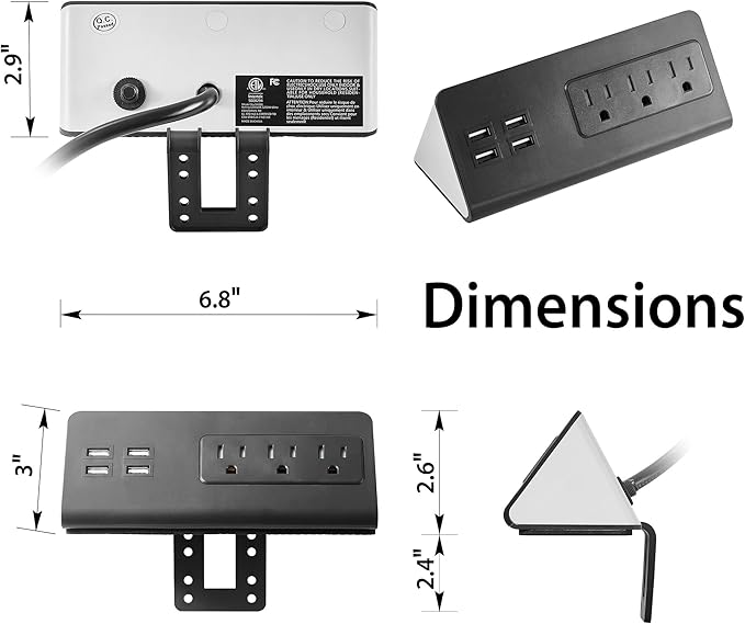 Desk Edge Mount Power Strips with USB Ports-UL Plug Outlets 1250 Joulets Surge Protector Tabletop Power Sockets for Nightstand/Home Office/Dormitory 4 USB Ports & 3AC Outlets