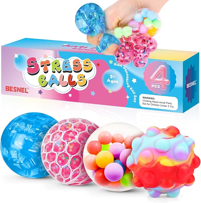 Stress Balls 4 Pack for Adults and Kids, Squeeze Toys, Sensory Toys for Kids with Autism, Squishy Fidget Toys for Stress and Anxiety Relief, Prize for Classroom