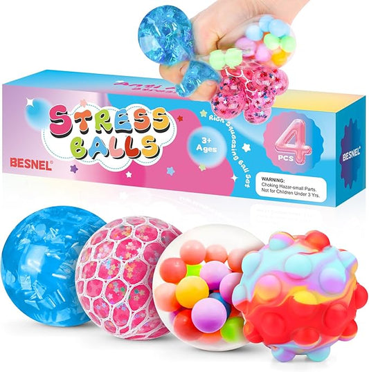 Stress Balls 4 Pack for Adults and Kids, Squeeze Toys, Sensory Toys for Kids with Autism, Squishy Fidget Toys for Stress and Anxiety Relief, Prize for Classroom