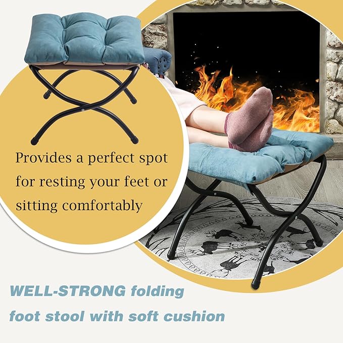 15" Foldable Foot Stool Ottoman with Metal Frame - Washable Blue Upholstered Indoor/Outdoor Footrest for Living Room, Bedroom, Patio - Space-Saving Compact Design