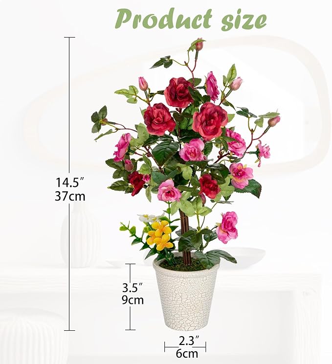 Hollyone Artificial Plants & Flowers in Vase Red Camellia Roses Faux Flower Plant Arrangement with Pot Fake Rose Flowers Home Decor Office Bathroom Shelf Desk Table Decoration