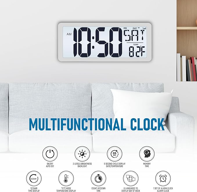 TXL Atomic Clock with Backlight, 14.2" Digital Wall Clock, Battery Operated, Large Display with Day, Date & Temperature, Bedroom, Living Room, Office