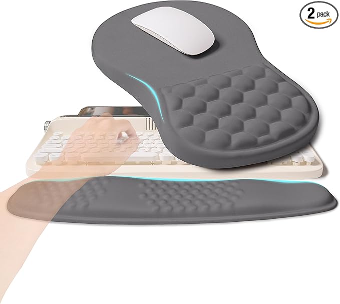 2-in-1 Ergonomic Set, Wave Rise Keyboard Wrist Rest and Massage Bulge Slope Mouse Pad Wrist Support, Cushion Memory Foam Integrated to Relieve Wrist Pain, Deep Gray