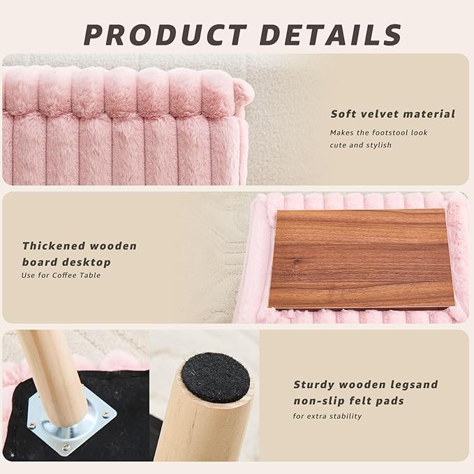 Wimarsbon Storage Ottoman,Soft Faux Fur Footstool with Padded Seat, Small Reading Vanity Chair, Footrest with Wood Tray for Couch, Mini Coffee Table or Display Stand (Pink, Rectangular Storage)