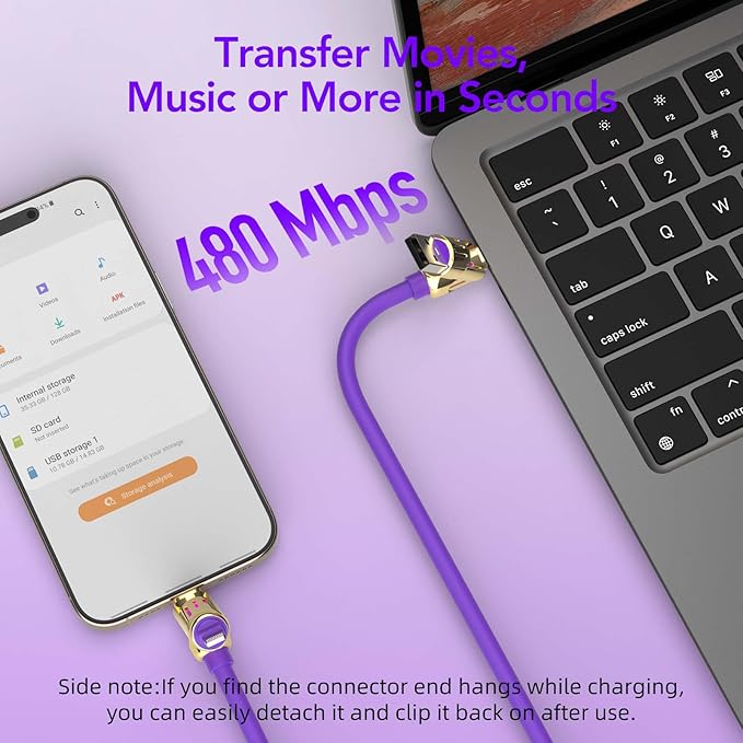 MFish 4-in-1 Universal USB Charging Cable with Carrying Case – 240W Max Fast Charger Cord, USB-A, Dual USB-C & Lighting, for iPhone 14/15/16/17 Series, iPad & MacBook and More (Purple Color, 6.6Ft)