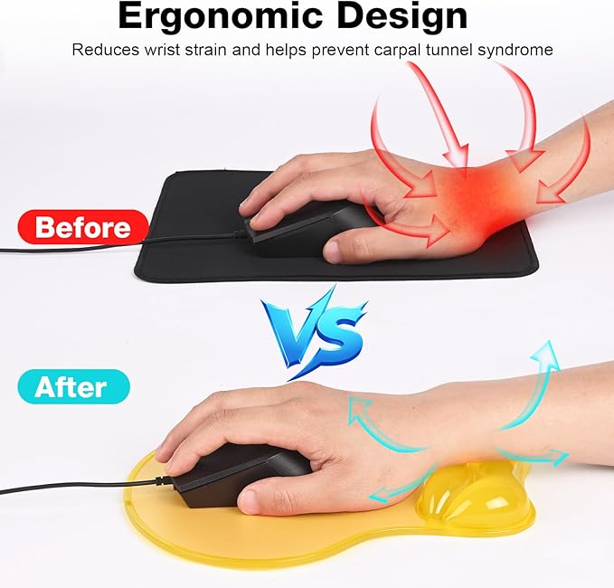 Mouse Pad with Gel Wrist Rest, Ergonomic Comfortable Computer Wrist Support for Laptop, Pain Relief Mousepad with Non-Slip PU Base for Office & HomeYellow