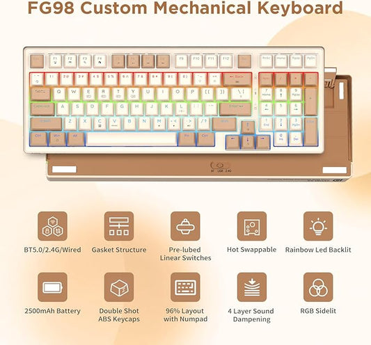 HUO JI 96% Wireless Mechanical Keyboard, Hot Swappable, Pre-lubed Blue Switches, Gasket Structure, Bluetooth/2.4GHz/USB-C, Led Backlit Sidelit, Custom Gaming Keyboard for PC (Peach)