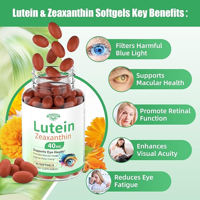 Lutein and Zeaxanthin Supplement, Lutein Eyes Vitamins Support Vision Clarity Macular Health Dry Eye Comfort Blue Light with Bilberry Extract Omega 3 Zinc and Vitamins C & E for Adults